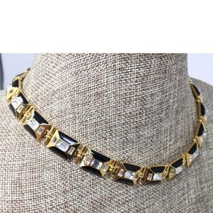 Vintage 1980's Monet Black Enameled Rhinestone Gold tone Runway Necklace